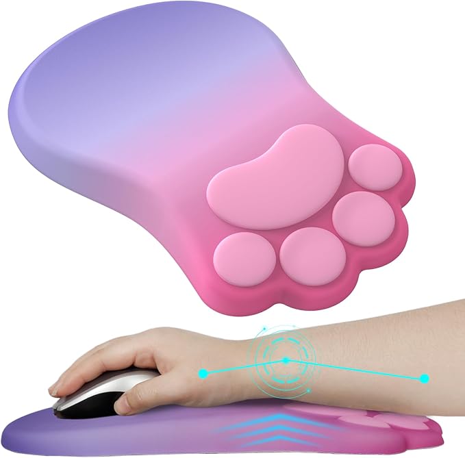 Ergonomic Mouse Pad with Wrist Rest,Cute Cat Paw Mousepad Wrist Support,Comfortable Massage Design Computer Pain Relief Mouse Pad with Non-Slip PU Base for Desk Laptop Gaming,Pink&Purple