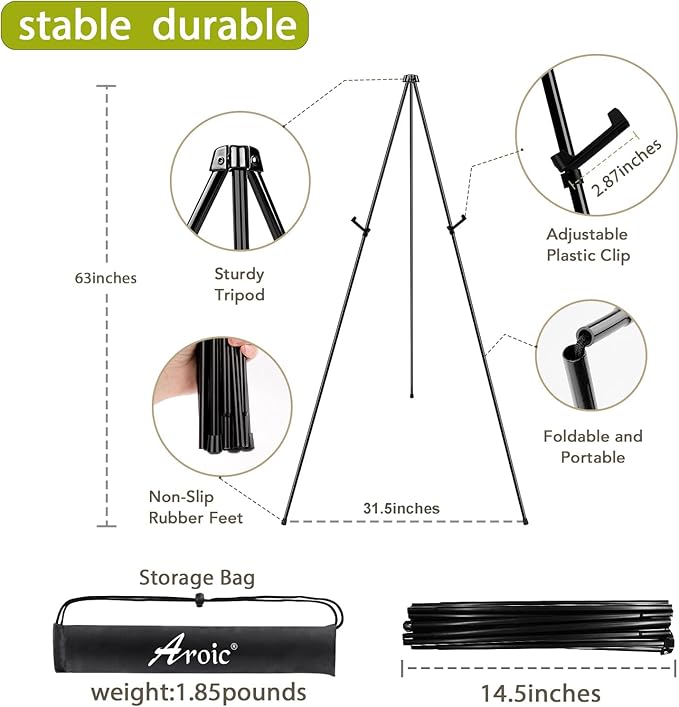 AROIC 63 "Easel Stand for Display, 10 Pack Portable Foldable Metal Easel, Easels for Signs Wedding Logos ,Arts, Painting,Adjustable Floor Easels with 10 Storage Bag