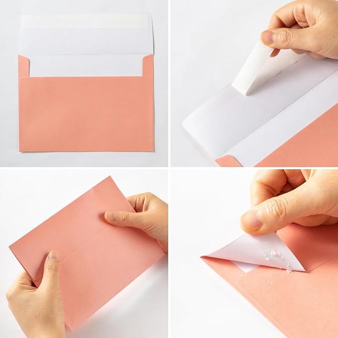 Wishop 50 Pack Shiny Self-Adhesive Envelopes with Shiny Fold Cards for Wedding Invitations, Greeting Cards, Baby Shower, Letter Mailing (Pink, 5x7)