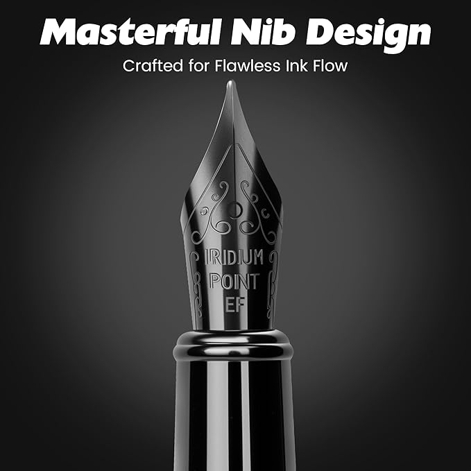 Fountain Pen with Extra Fine Nib - Modern Black Metal Design with Intricate Knurled Grip, Smooth and Skip-Free Writing, Includes Ink Cartridges, Converter, and Protective Sleeve