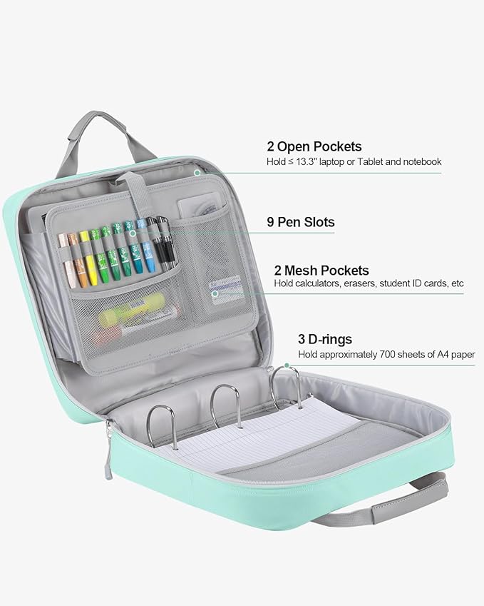 3 Inch 3 Ring Zipper Binder with Shoulder Strap & Handle & Multi-Pocket - 3" Binder with Zipper for School, Compatible with 13-Inch MacBook/Tablet -Patent Design Light Blue