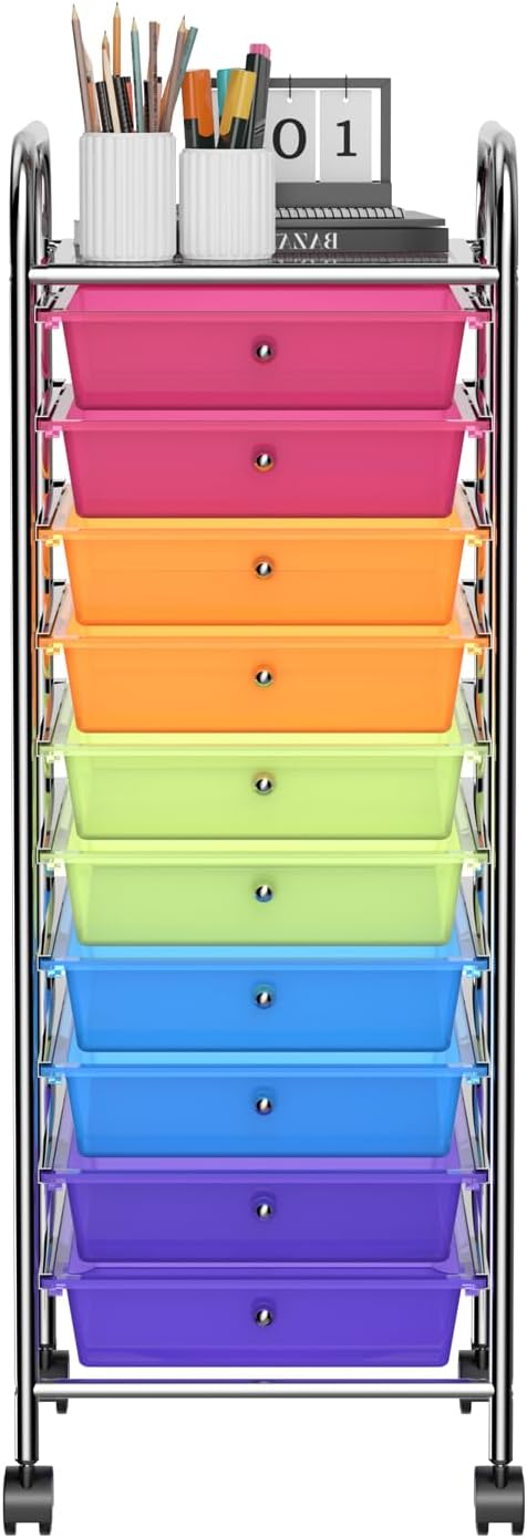 Storage Cart, Rolling Utility Cart with 10 Drawers, Portable Handles & Lockable Wheels, Mobile Paper Toys Storage Organizer Large Capacity for Home Office School Teacher (Rainbow)