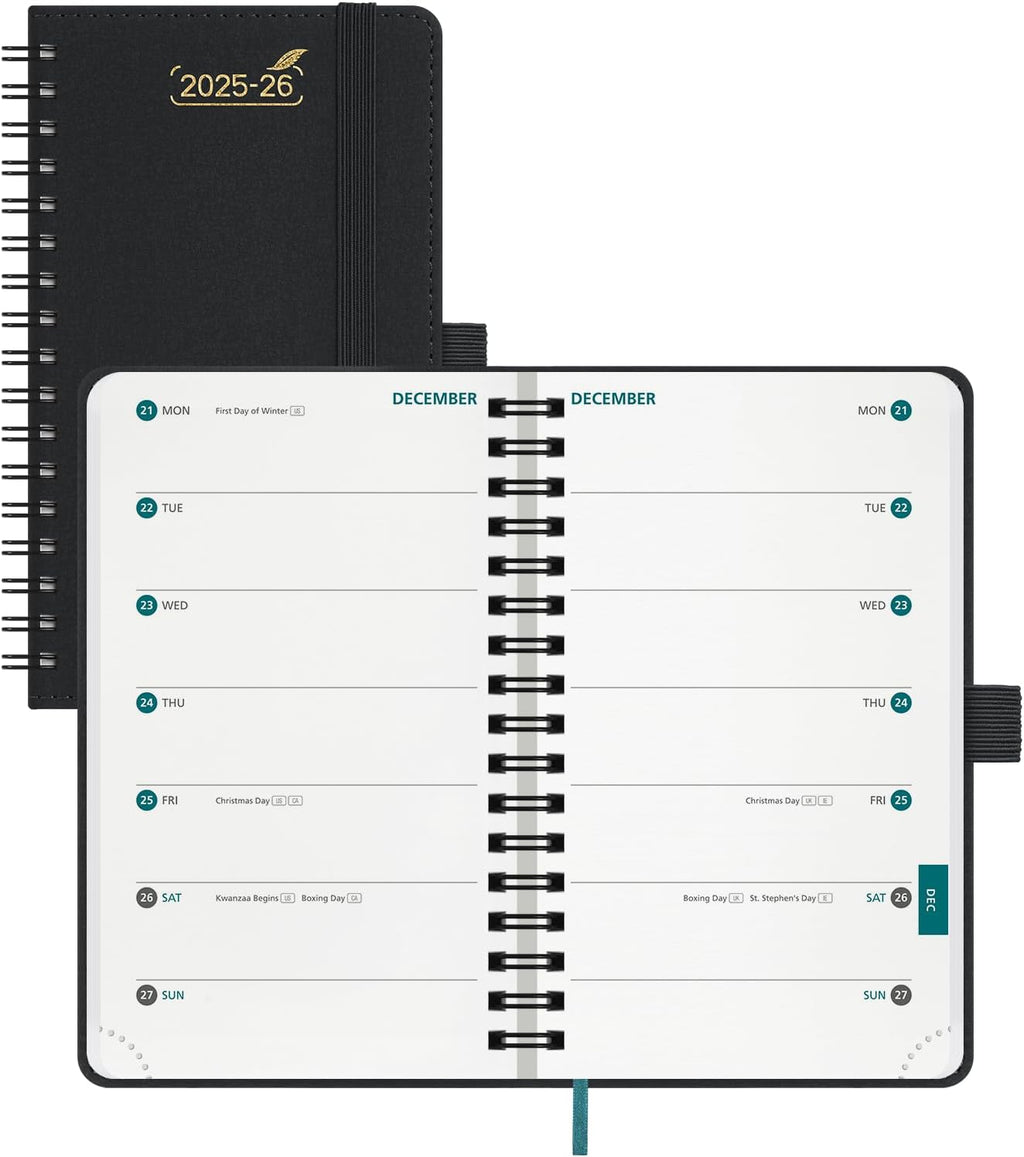 BEZEND Pocket Planner 2025-2026 Weekly with 2 Columns, 18-Month Academic Calendar (Jul 25-Dec 26), Life Work App., Storage Pocket, Pen Holder, PU Leather Softcover 3.5" x 6" Spiral - Black