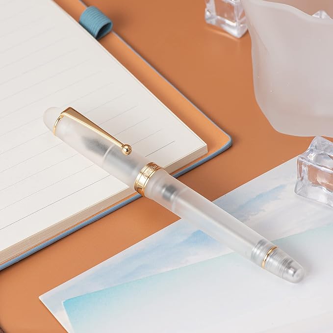 Asvine V126 Vacuum Filling Fountain Pen Medium Nib, Frosted Transparent Clear Acrylic, Large-Capacity with Gift Case