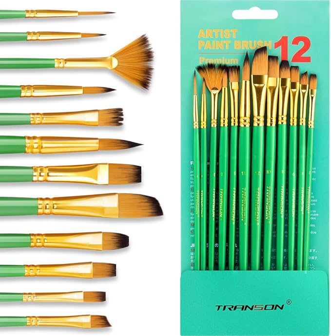 Transon Art Painting Brush Assorted Set of 12 for Acrylic Watercolor Gouache Hobby Painting Green
