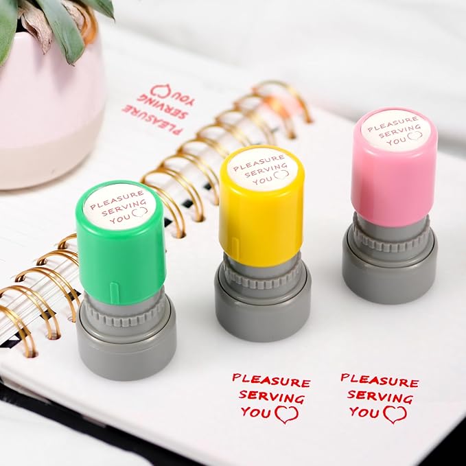 3pcs Pleasure Serving You Stamps, Server Stamps for Checks Stationery Stamp Self Ink Stamp for Service Work (Pink, Green, Yellow)