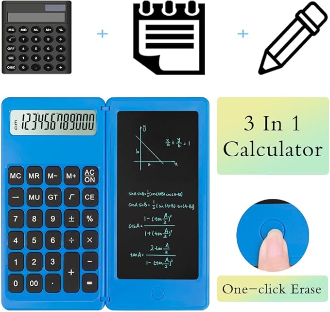Desk Calculator, Desktop Small Calculator with Writing Notepad, Basic 4-Function Math Large Button Calculator, School Supplies for Kids, Middle/High School Students (Blue)