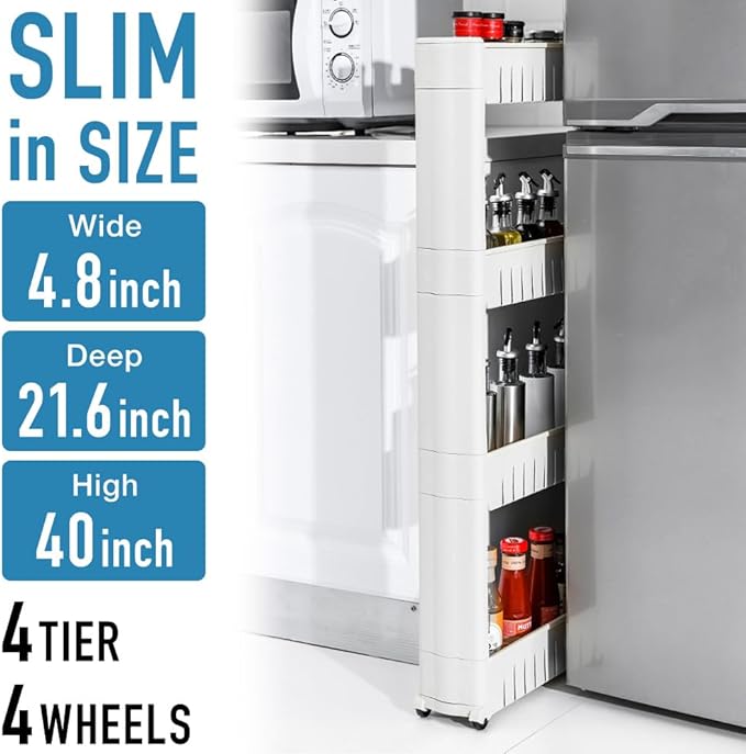 Slim Rolling Storage Cart 4 Tier, Small Plastic Kitchen Laundry Room Cart, Mobile Storage Organizer Shelves, Utility Cart Tower Rack for Bathroom Bedroom (White)