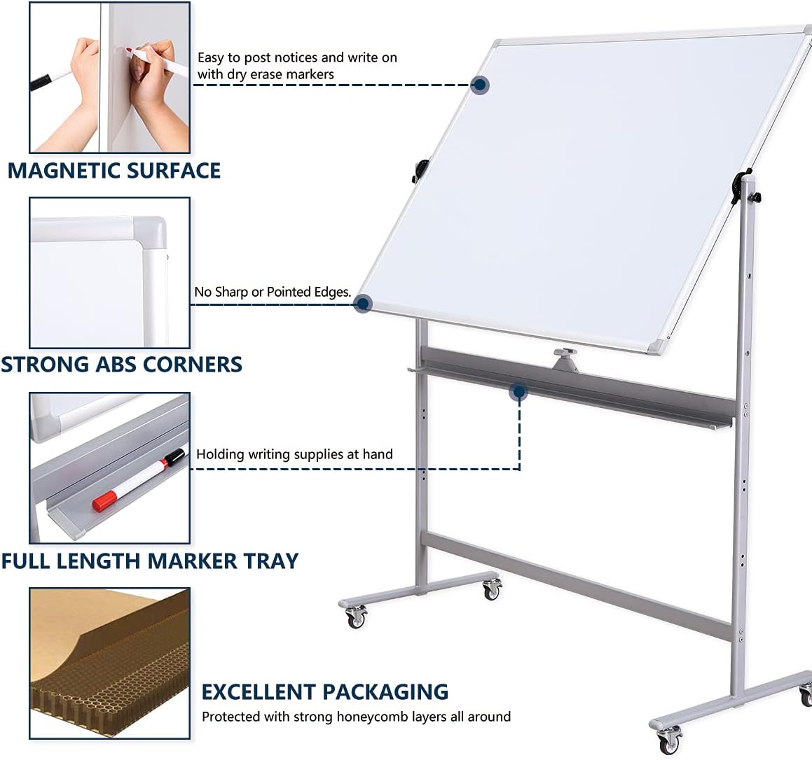 72" x 40" Height-Adjustable Mobile Whiteboard | Double-Sided Magnetic Dry Erase Board on 360° Rolling Stand | Large Reversible Whiteboard for Office, Classroom & Home, Silver