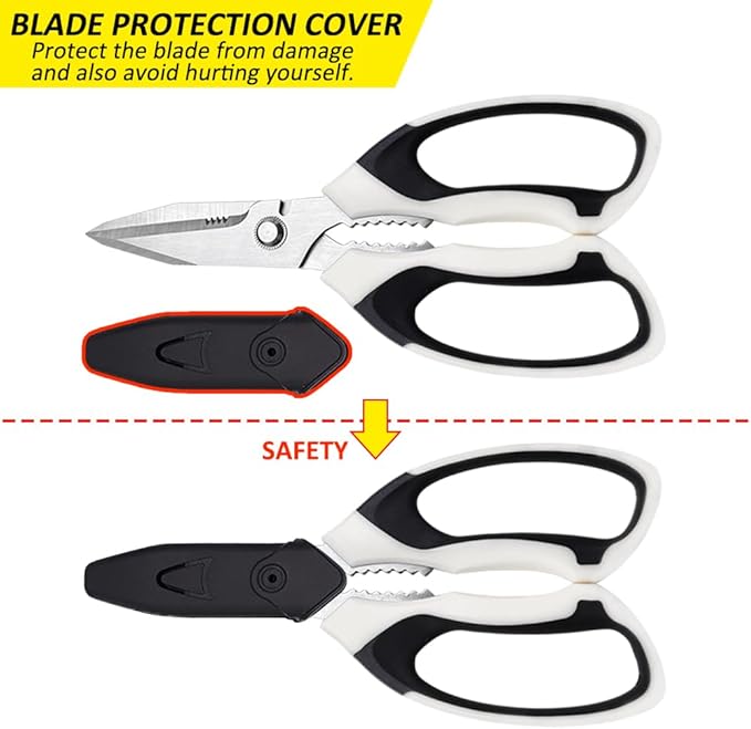 Utility Scissors Heavy Duty, Heavy duty Shears Stainless Steel Blades with Protective Case, Multipurpose Scissors for Cutting Cardboard, Fabric, Carpet, Leather, Wire (White Set)