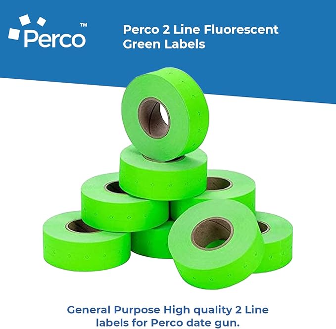 Perco 2 Line Fluorescent Green Labels - 32 Rolls, 4 Sleeves, 24,000 Blank Price and Date Gun Labels for Perco 2 Line Price and Date Guns - Made in USA