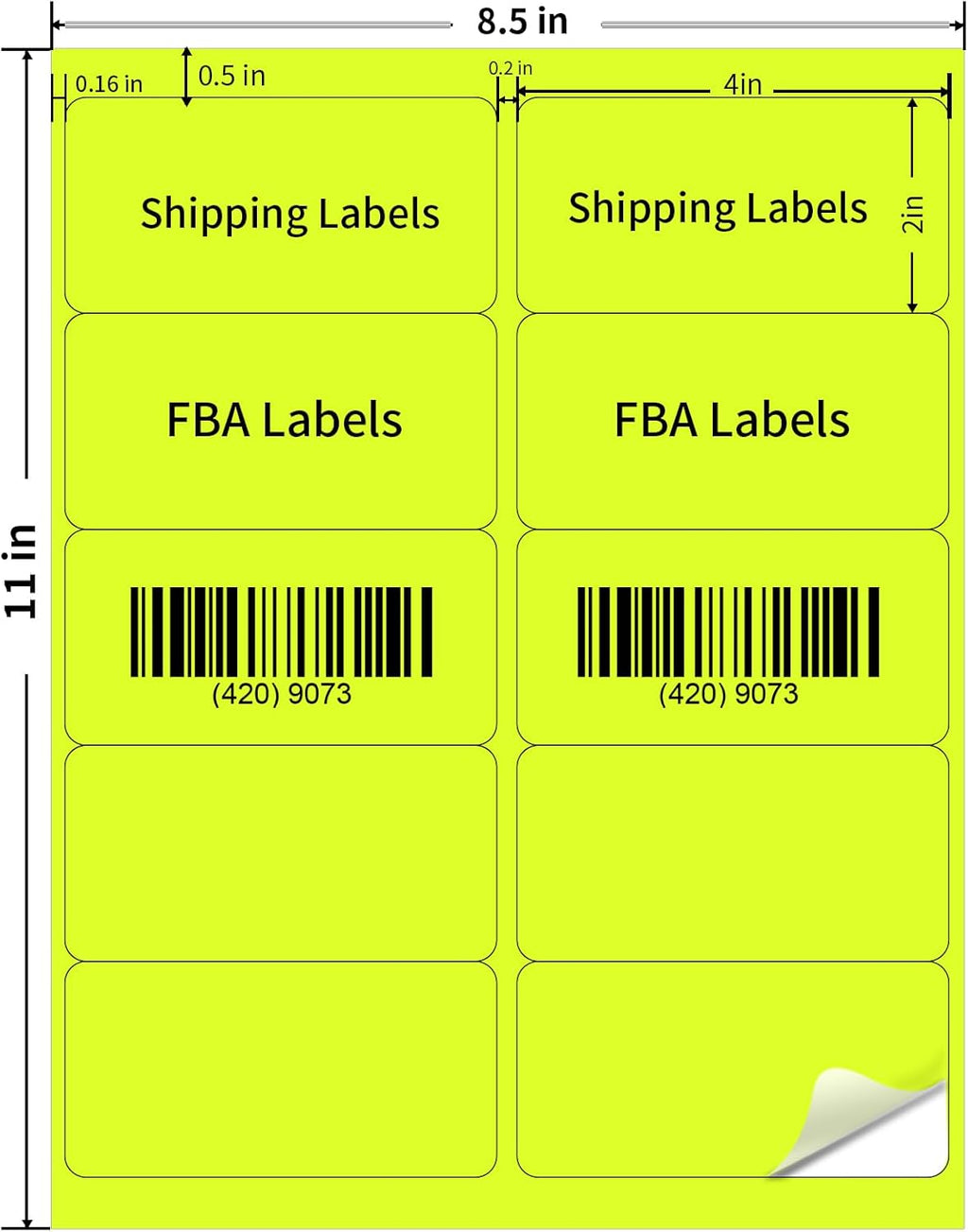 STARLIBOO Shipping Labels Stickers, 2"×4" Printable Fluorescent Mailing Labels for Laser/Inkjet Printing- Matte, Permanent Adhesive Stickers (20 Sheets, Fluorescent Yellow)