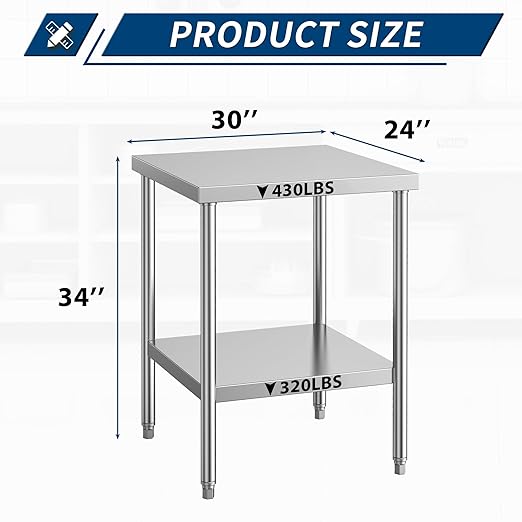 NSF Commercial Stainless Steel Worktable - 24 x 30 Inches with Undershelf, Heavy Duty Prep Table for Restaurants, Homes, and Hotels - Ideal for Christmas Prep.