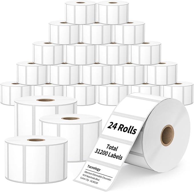 Tacnology 24 Rolls 2" X 1" Direct Thermal Labels - Perforated Barcode Replacement Labels - Compatible with Rollo & Zebra Desktop Printers - FBA Adhesive Address Shipping Labels- 1300 Labels/Roll