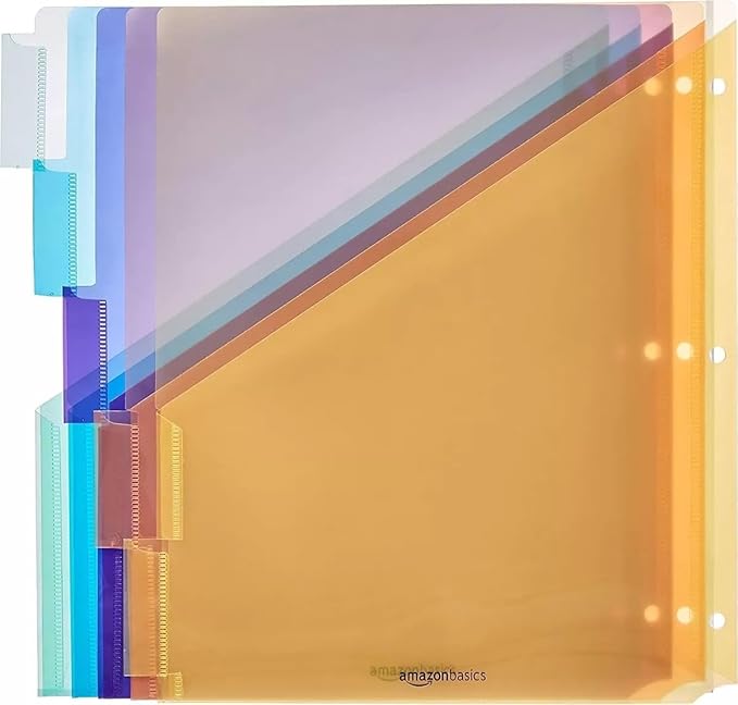 Amazon Basics Tab Dividers for 3 Ring Binder, Two Pocket, Letter Size, Assorted Colors, 3 Count