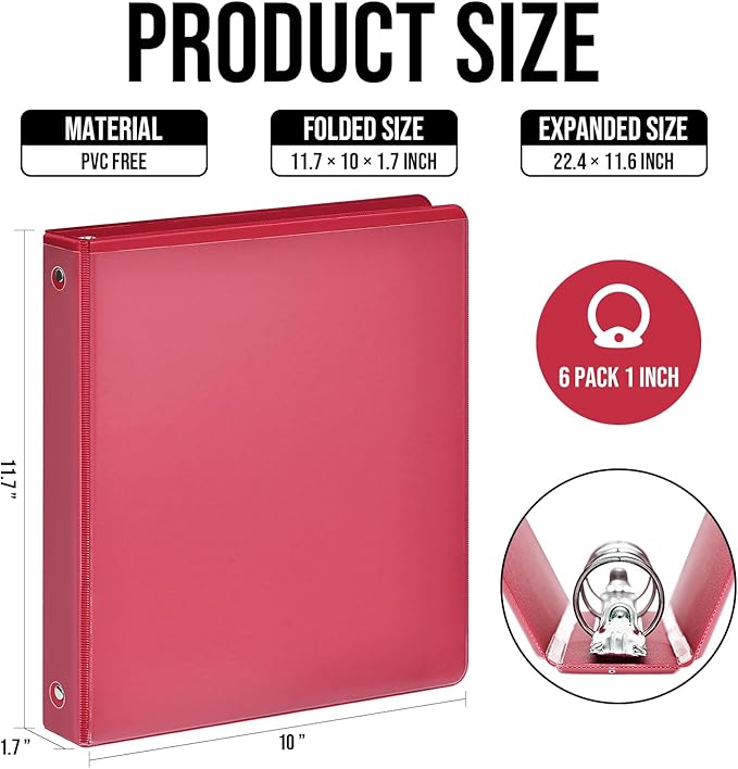 3 Ring Binder 1 Inch, IntoJoy 6 Pack Clear View 3 Hole Binder PVC-Free Fits 8.5x11 Inch Paper Flexible Round Ring Binders for School Office Home Binder Supplies (Red)