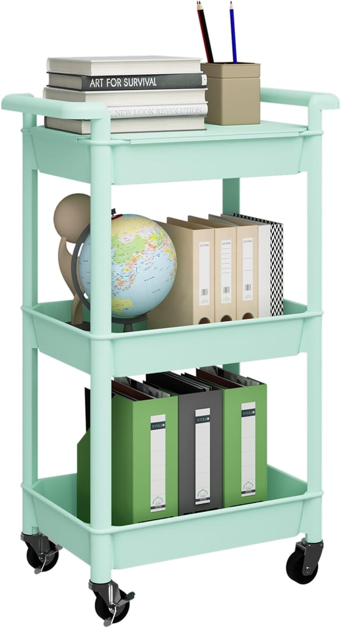 3-Tier Utility Rolling Cart with Cover Top Board, Mobile Utility Cart with Lockable Casters Multi-Functional Storage Trolley for Office, Bathroom, Kitchen, Garden, Laundry Room (Green)