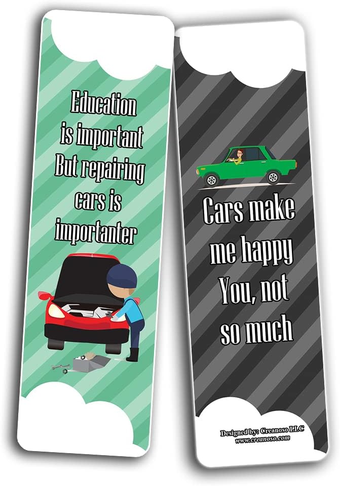 Creanoso A Car Lover Guy Uproarious Humor Bookmarks Sayings (10-Sets x 6 Cards) – Great Bulk Set Incentive Page Binders for Bookworm, Bibliophiles – Stocking Stuffers Gifts Rewards Token Ideas