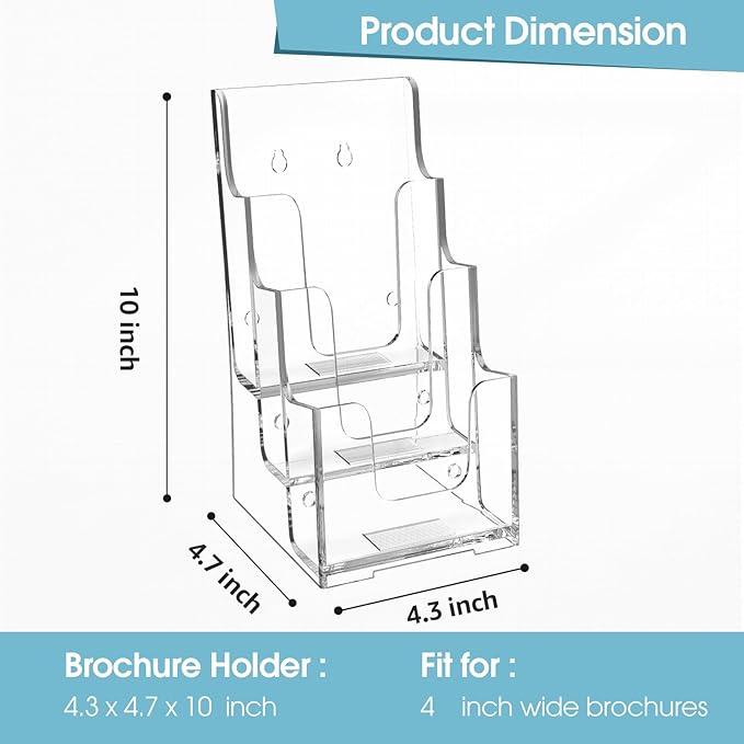 MaxGear Acrylic Brochure Holder, 4-Inch Wide 3 Tier Brochure Display Stand Clear Literature Holder Premium Acrylic Pamphlet Holder Multi Pocket, Wall Mount or Counter Top Use(4 Pack)