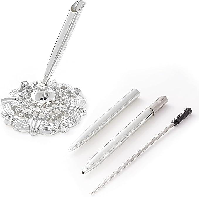 jiebor 2Pcs Silver Wedding Pen and Metal Pen Stand Holder Set Signing Desk Ballpoint Pen for Guest Book Bridal Teacher Wedding Engagement Graduation Business Home Office Gift Supplies Black Ink