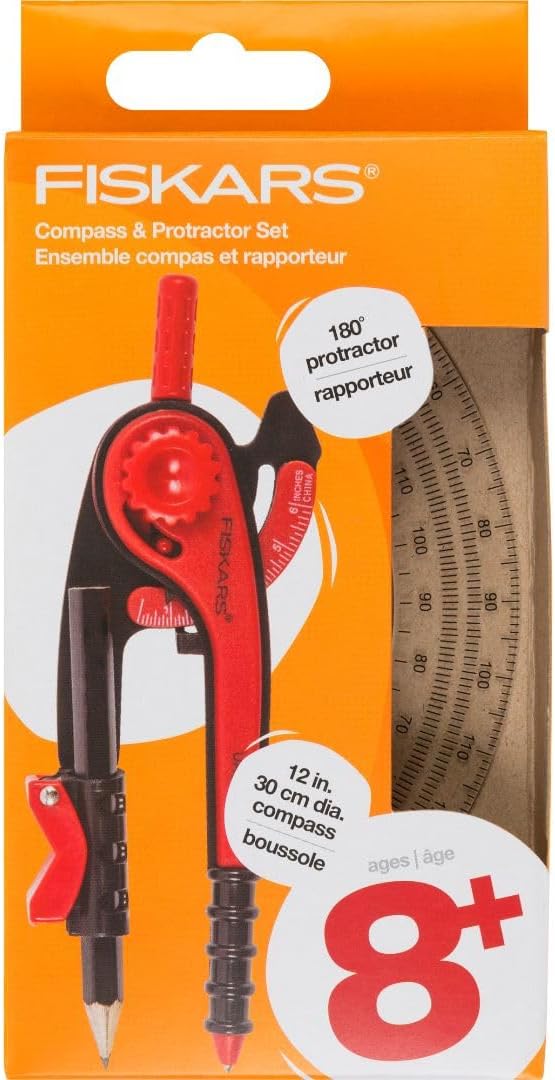 Fiskars Plastic Compass and Protractor Set - Math Geometry Set for Kids 8+ - Back to School Supplies - Includes Pencil - Color May Vary