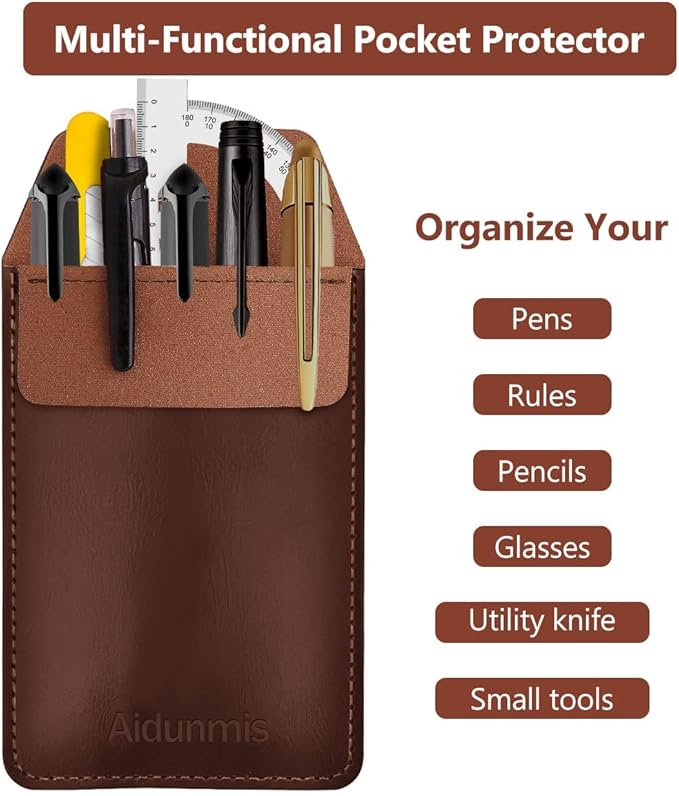 Pocket Protector, 2 Pieces PU Leather Pocket Pen Holder Organizer Pouch for Shirts Lab Coats Pants Pen Sleeve MultiPurpose Pen Pocket Holds Pens Pointers Pencils and Notes Card (Brown, Black)