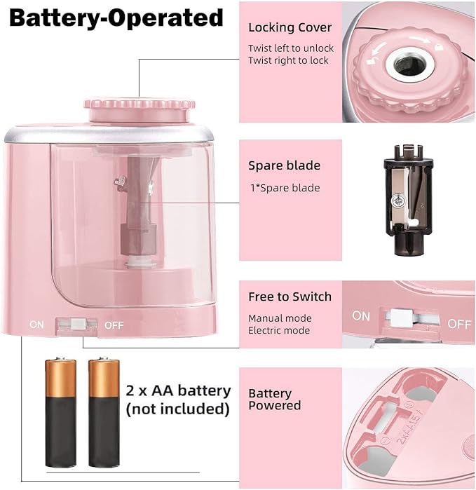 Pencil Sharpener Electric Pencil Sharpener for Kids, Blade to Fast Sharpen, Suitable for No.2/School/Classroom/Office/Home (Pink)