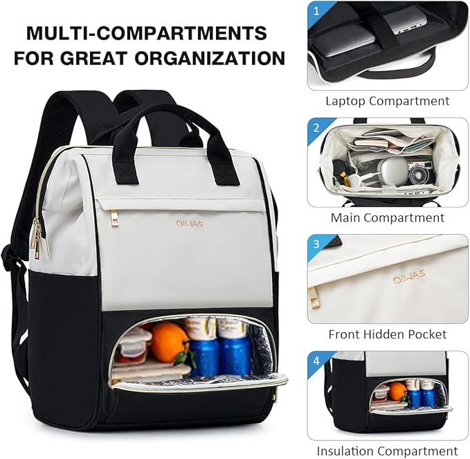 OIWAS Lunch Backpack for Women, 15.6 inch Laptop Backpack Insulated with USB Port, Work Backpack with Insulated Cooler Lunch Bag for Men Travel Work Travel Picnics Hiking, Beige Black