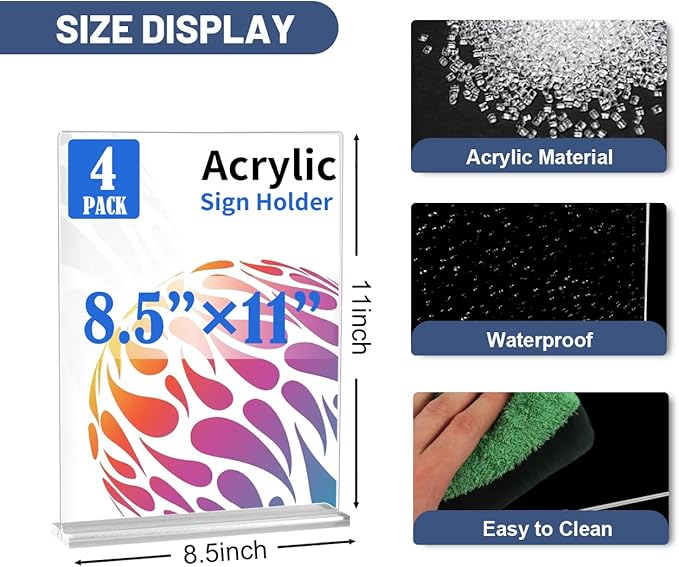 4 Pack Acrylic Sign Holder 8.5 X 11, Vertical T Shape Clear Plastic Sign Holder, Double Sided Clear Display Stand Table Top Sign Paper Holder, Sign Holder Suitable for Office, Store