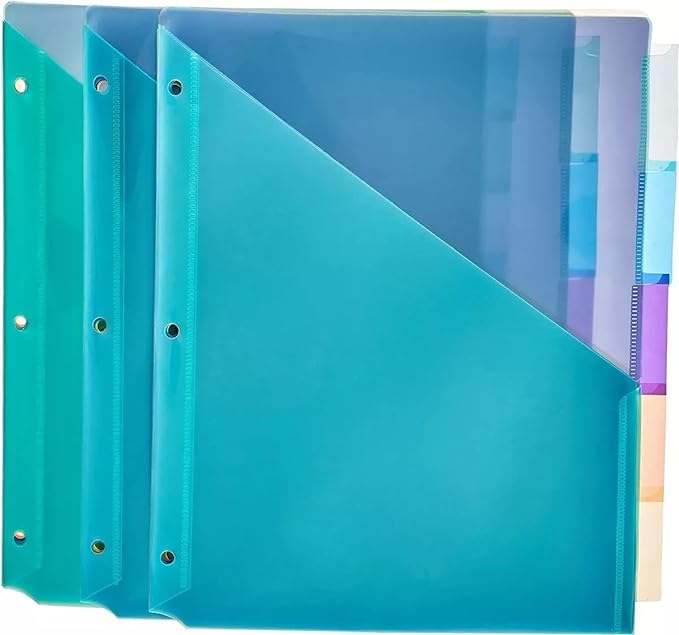 Amazon Basics Tab Dividers for 3 Ring Binder, Two Pocket, Letter Size, Assorted Colors, 3 Count
