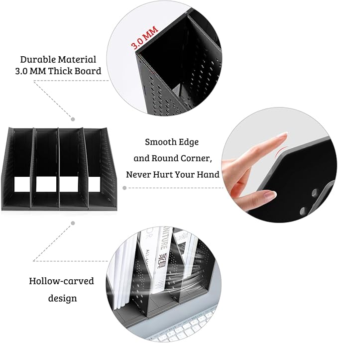 SAYEEC 2Pcs Collapsible Plastic Magazine File Holder Vertical Binder Storage Organizer for Desk Sturdy Upright Desktop Magazine Organizer Folder Rack for Office School Home (3 Compartments, Black)