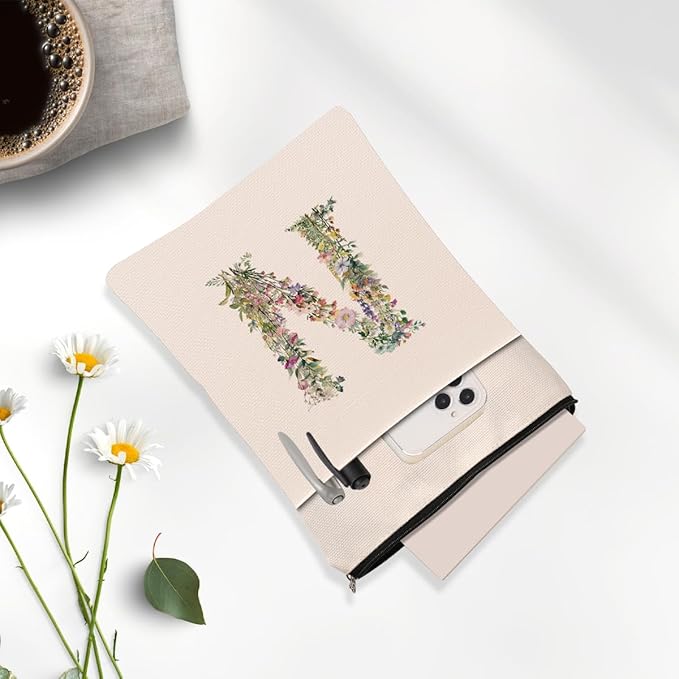 Monogrammed Book Sleeve Floral N Initial Book Pouch Book Accessories Book Lovers Gifts Waterproof Book Cover Book Protector Bookish Gifts Personalized Gifts for Women Girls Readers Bride Wife