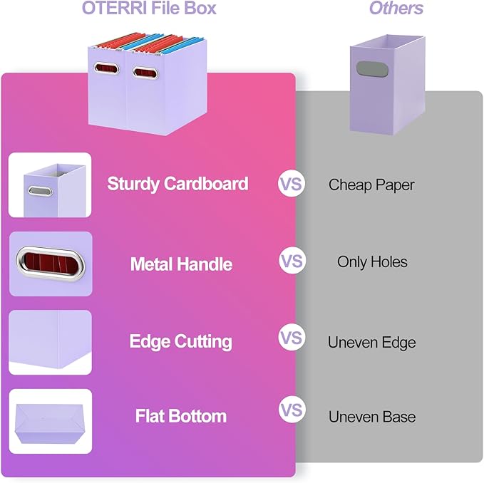 Oterri File Organizer, Small Storage Box, Cardboard File Folder Organizer, Collapsible File Box, Hanging File Organizer for Letter Size, Portable File Box with Handle, Only Box (Purple,8 Packs)