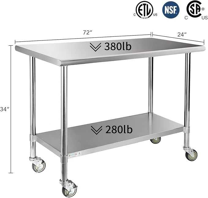 STABLEINK Stainless Steel Table with Caster Wheels 24 x 60 Inches, NSF Commercial Prep & Work Table with Adjustable Undershelf and Table Foot, for Commercial Kitchen, Restaurant, Hotel and Garage