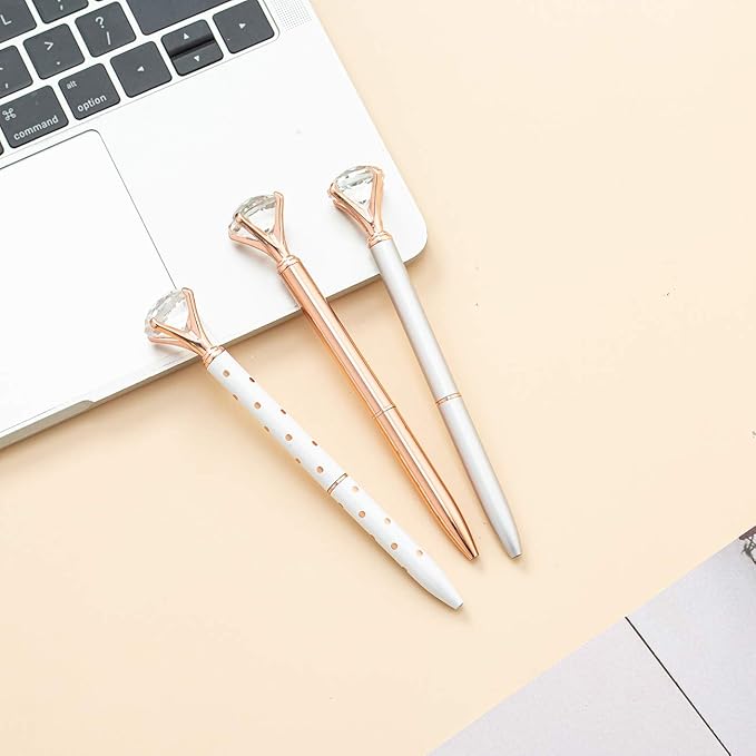 PASISIBICK 3 PCS Crystal Diamond Ballpoint Pen Bling Metal Pen Office Supplies, Rose Gold/Silver/White With Rose Polka Dots/Rose Gold With White Polka Dots, Includes 3 Pen Refills