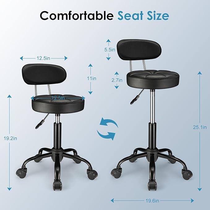 Swivel Rolling Stool with Wheels Height Adjustable Chair Rolling Drafting Chair Spa Stool Chair Backrest Black