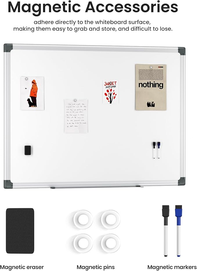 VUSIGN 12PCS Magnetic White Board Hanging 36" x 48" for Office, Class, Home, Sliver Aluminum Frame, 12 Dry-Erase Eraser, 24 Multicolor Marker, 48 Magnetic Pins