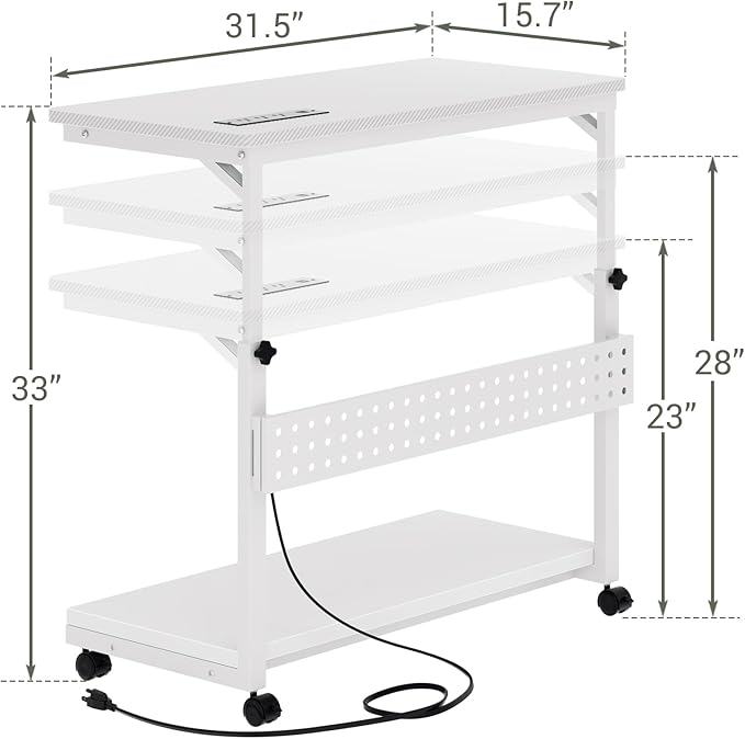 Computer Tower Stand with Power Strips, Height Adjustable PC Tower Stand/Cart with Wheels, Mobile Rolling CPU Holder, Computer Cart Side Stand for Computer Desk, 32", Carbon Fiber White