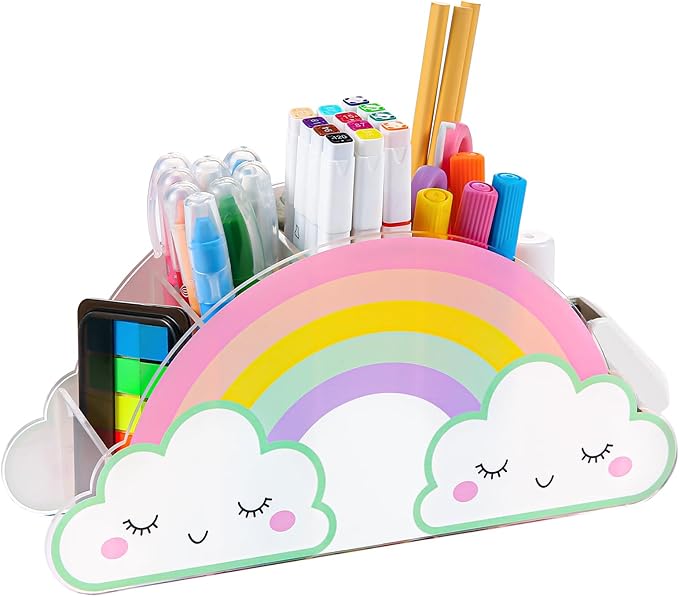 MeCids Pencil Holder for Desk, Acrylic Pen Holder Rainbow Supply Caddy for Home Classroom Homeschool Office Desktop Storage Art Stationery Supplies Organizer Back to School, Birthday Gifts for Kids