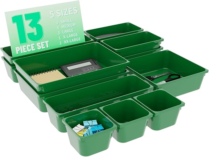 Utility Drawer Organizer Set of 13,With Non-Slip Silicone Pads, 5 Size Small Bins for Organization for Bathroom、Vanity、Nightstan、Kitchen、Office Desk Green Plastic Organizing Containers for Drawers
