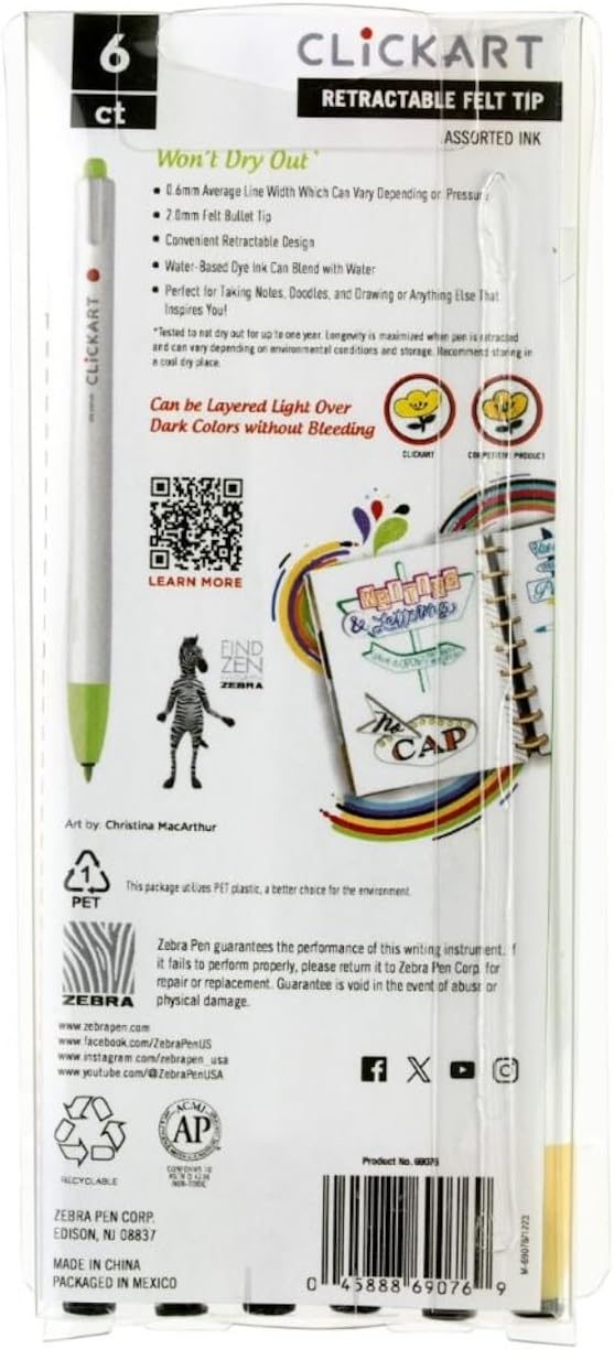Zebra Pen ClickArt Retractable Marker Pen, 0.6mm, Assorted Celebration Colors, 6-Pack (69076)