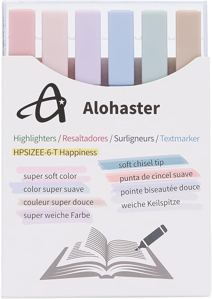 HPSIZEE Aesthetic Cute Highlighters Mild Assorted Colors With Soft Chisel Tip, No Bleed Dry Fast Easy to Hold, for Journal Bible Planner Notes School Office Supplies, 6 Pack - Happiness