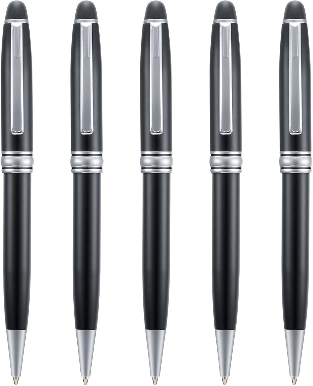5 PCS Black Ballpoint Pens with Extra Refills Set, 1mm Medium Point Black Ink, Great Smooth Writing Metal Pen for Business Office Teacher Student Wedding Guest Gift (SilverTrim)