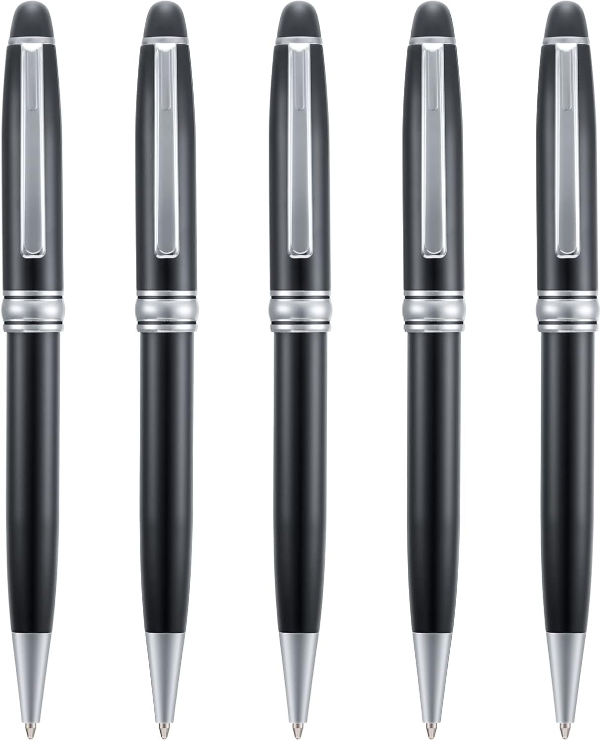5 PCS Black Ballpoint Pens with Extra Refills Set, 1mm Medium Point Black Ink, Great Smooth Writing Metal Pen for Business Office Teacher Student Wedding Guest Gift (SilverTrim)