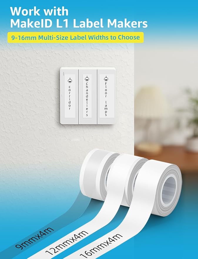 MakeID Label Maker Tape - Self-Adhesive Sticker Label Tape Refill Compatible with MakeID L1 Label Machine - Waterproof 6-Layer Laminated Film, Split-Back Design - 0.35"x13' (9mm x 4m)