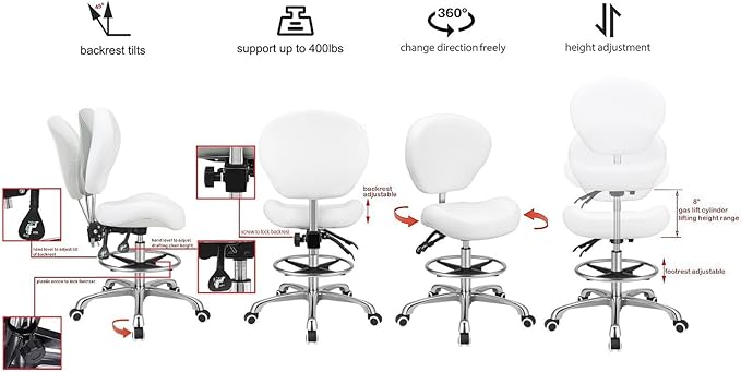 Kaleurrier Adjustable Height Drafting Stool Drafting Chair with Backrest & Foot Rest,Swivel Rolling Stools,for Work Studio,Dental,Office,Salon and Counter,Tall Home Desk Chairs (White)