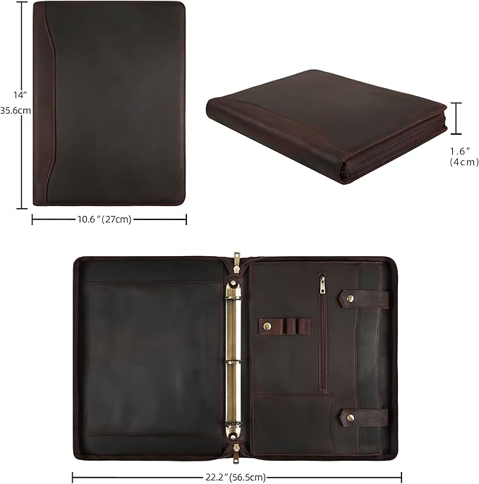 Portfolio Binder 3 Ring, Leather Binder Portfolio Folder for Left-Handed, Zippered Portfolio Padfolio Binder for Women, Leather Portfolio Organizer for Men (Dark Brown, Non-Custom)