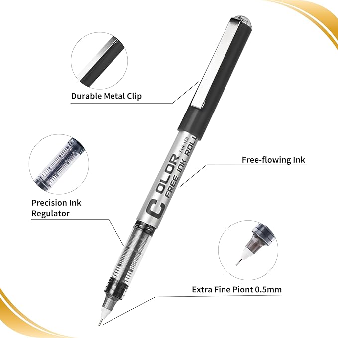 EYEYE 0.5mm Black Needle Poitn Pen, 8 Pack Liquid Ink Rollerball Pens Extra Fine Point Quick Dry, Pen Fine Point Smooth Writing Pens for Journaling, Note Taking, Office, School Supplies