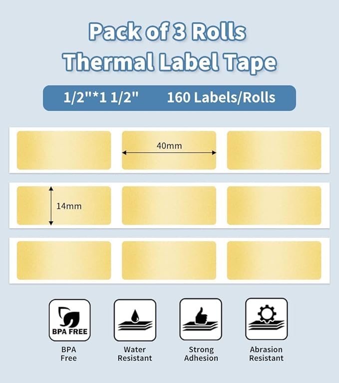 Phomemo D30 Label Tape, for D30 D35 Q30 Q30S Q31 Q32 Label Maker, Black on Glitter Transparent Gold Sticker Thermal Paper Self-Adhesive, 14mm x 40mm (1/2" x11/2) 160 Tapes/Roll, 3 Rolls
