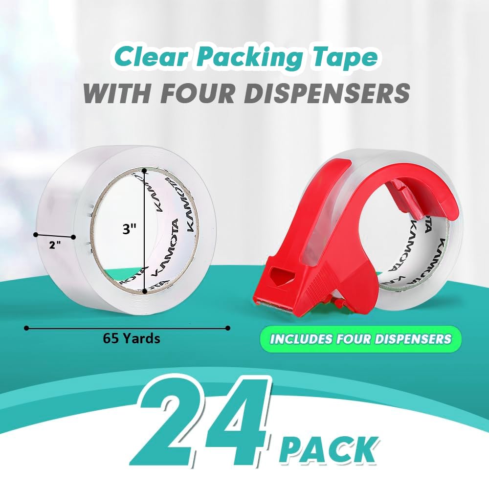 KAMOTA Packing Tape, 24 Rolls Heavy Duty Clear Packaging Tape for Shipping Packaging Moving Sealing, 2 inches Wide, 65 Yards Per Roll, Total 1560 Yards with 4 Dispensers